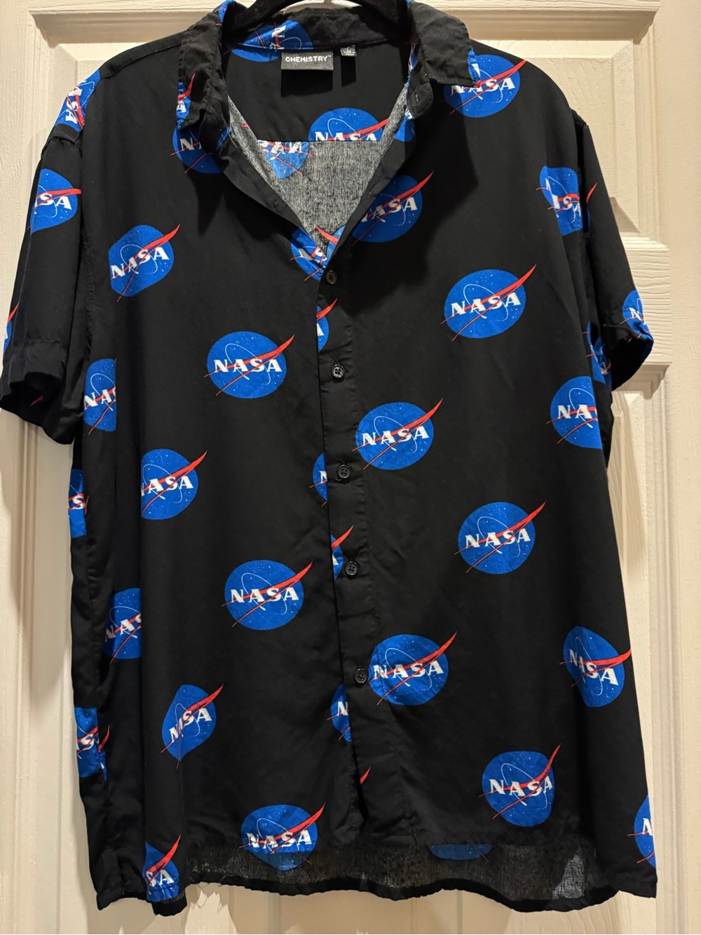 NASA Space Logo Short-Sleeve Men Button-Up Shirt - Black/Blue size Large